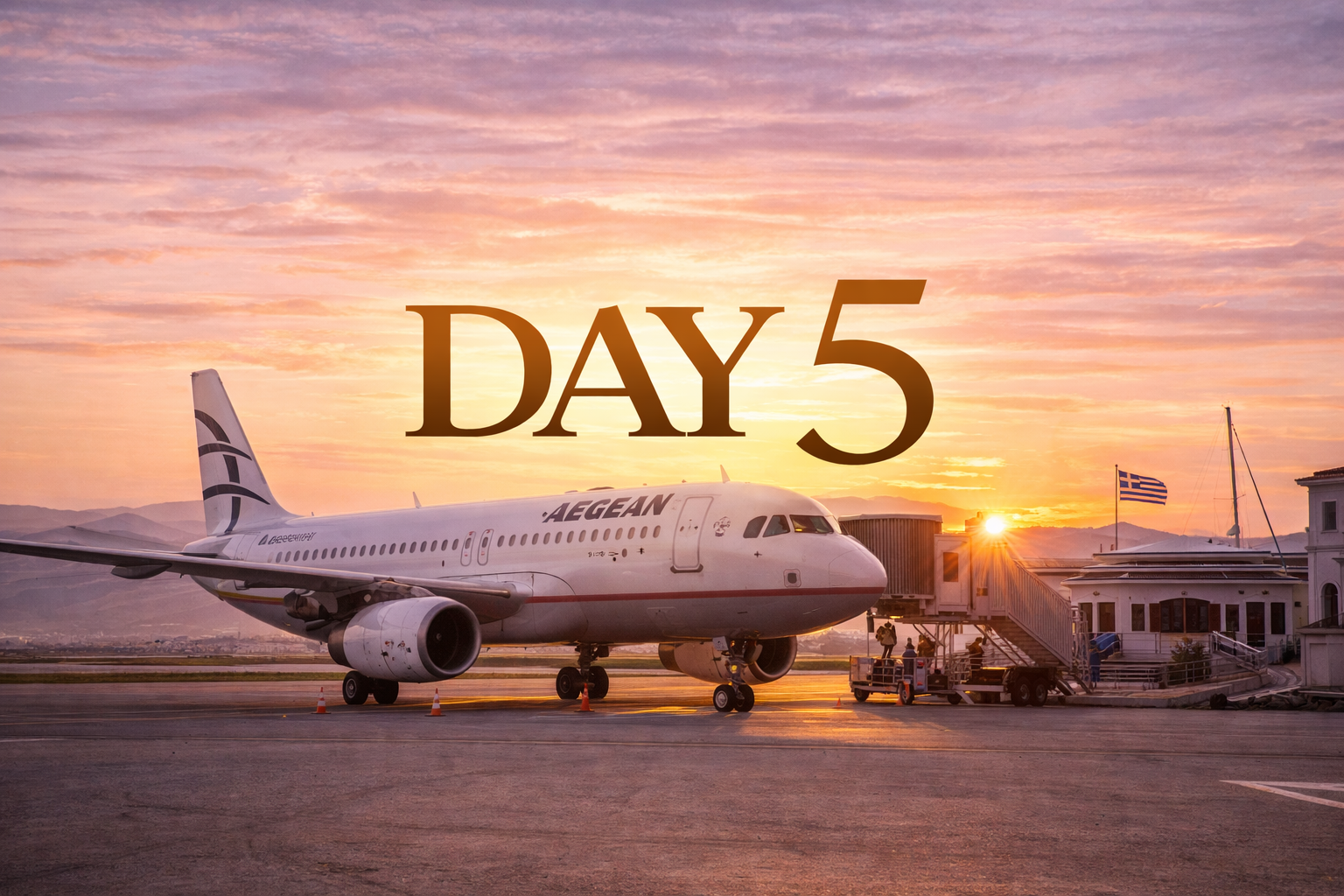 An airplane on tarmac at sunset, 