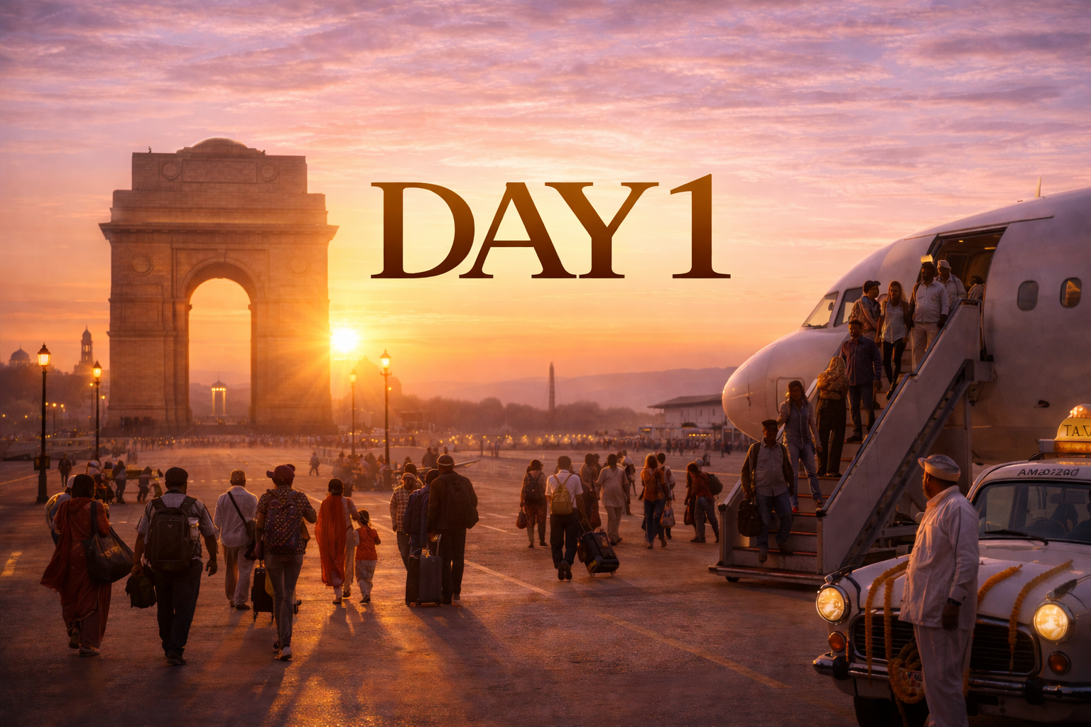 People disembark plane at sunset near India Gate, Delhi, DAY 1.