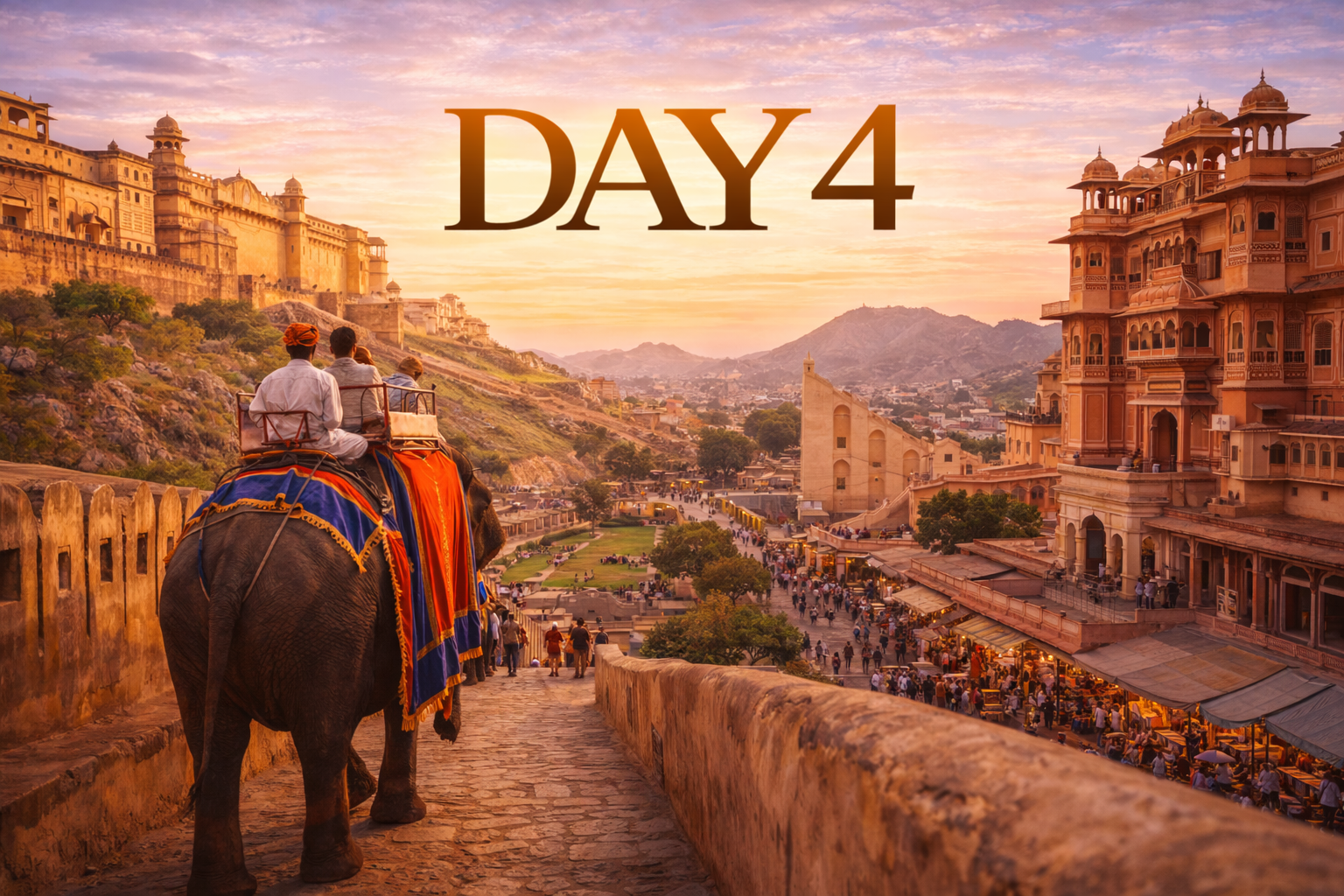 Day 4 in Jaipur: Elephant ride up a stone path, overlooking city and fort at sunset.
