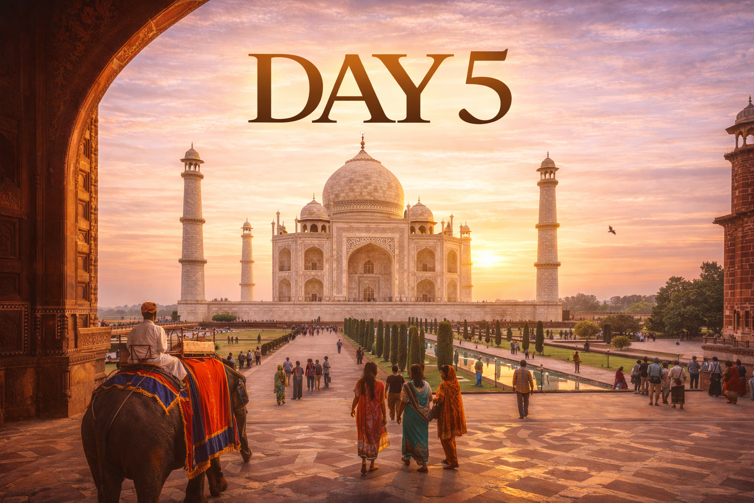 Taj Mahal at sunset, viewed through archway. People walk towards building, elephant rider in foreground. 
