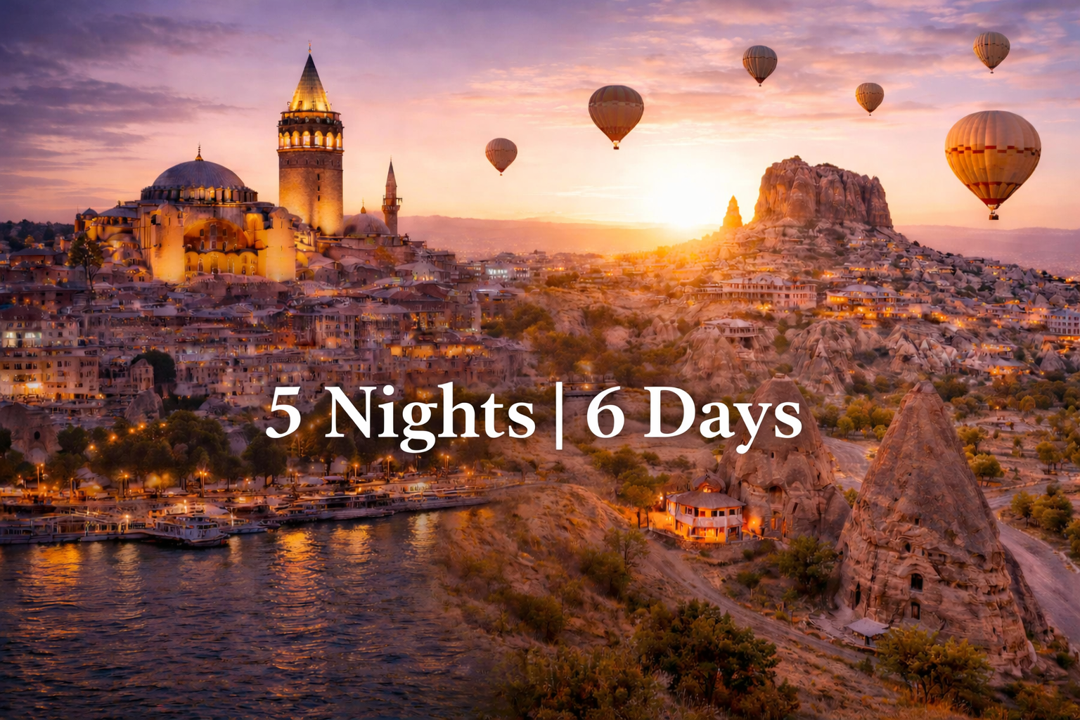 Sunset over Cappadocia and Istanbul, with hot air balloons and city lights.