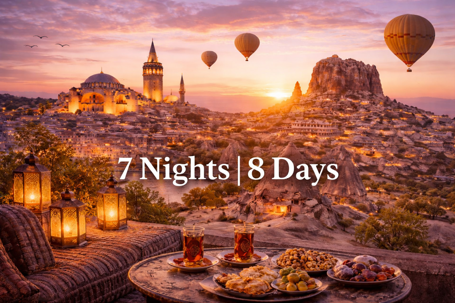Hot air balloons over Cappadocia at sunset, with a table set for tea.
