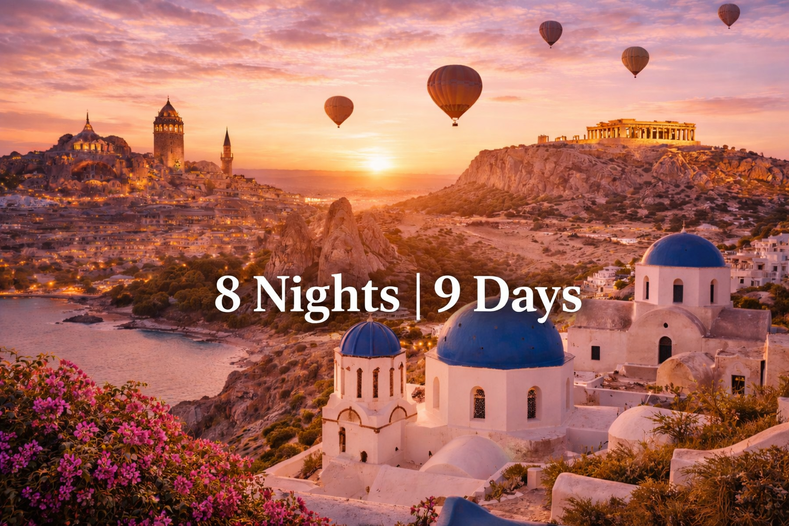 Sunset over Santorini with white buildings, blue domes, hot air balloons, and text 