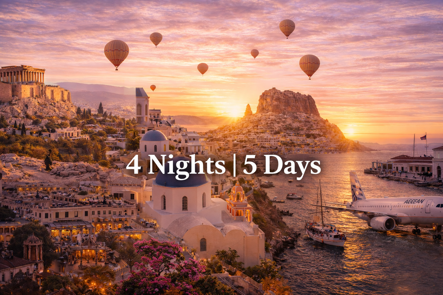 A coastal town at sunset, with hot air balloons, the Parthenon, and a docked airplane.