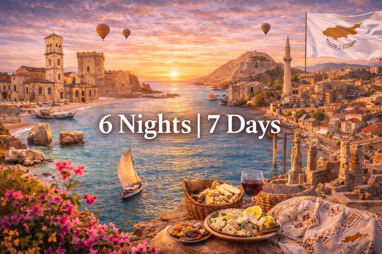Cyprus travel ad: coastal scene, sunset, ancient architecture, food, boat, hot air balloons, flag,