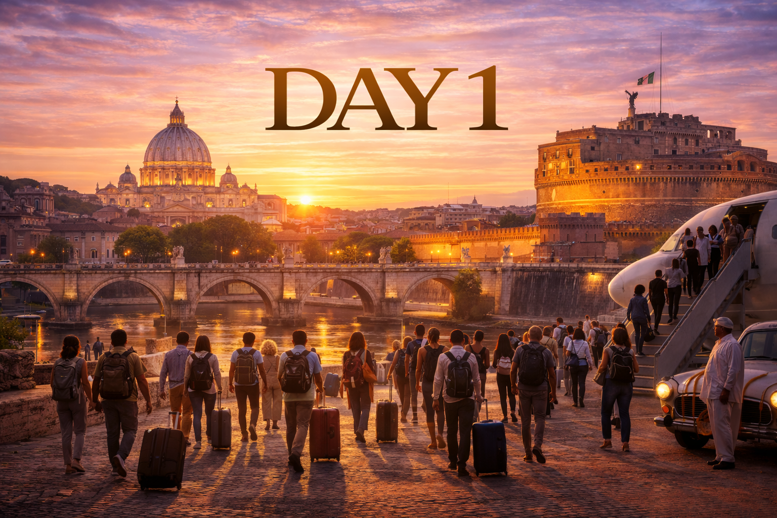 People with luggage disembark a plane in Rome at sunset, with the Vatican and Castel Sant'Angelo visible. 