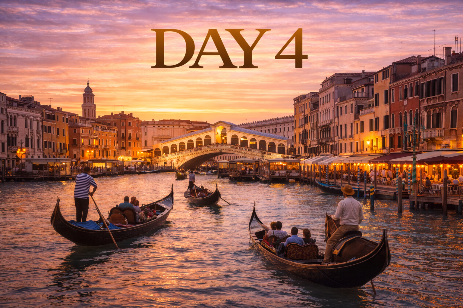 Gondolas on a canal in Venice, with Rialto Bridge in background at sunset; 