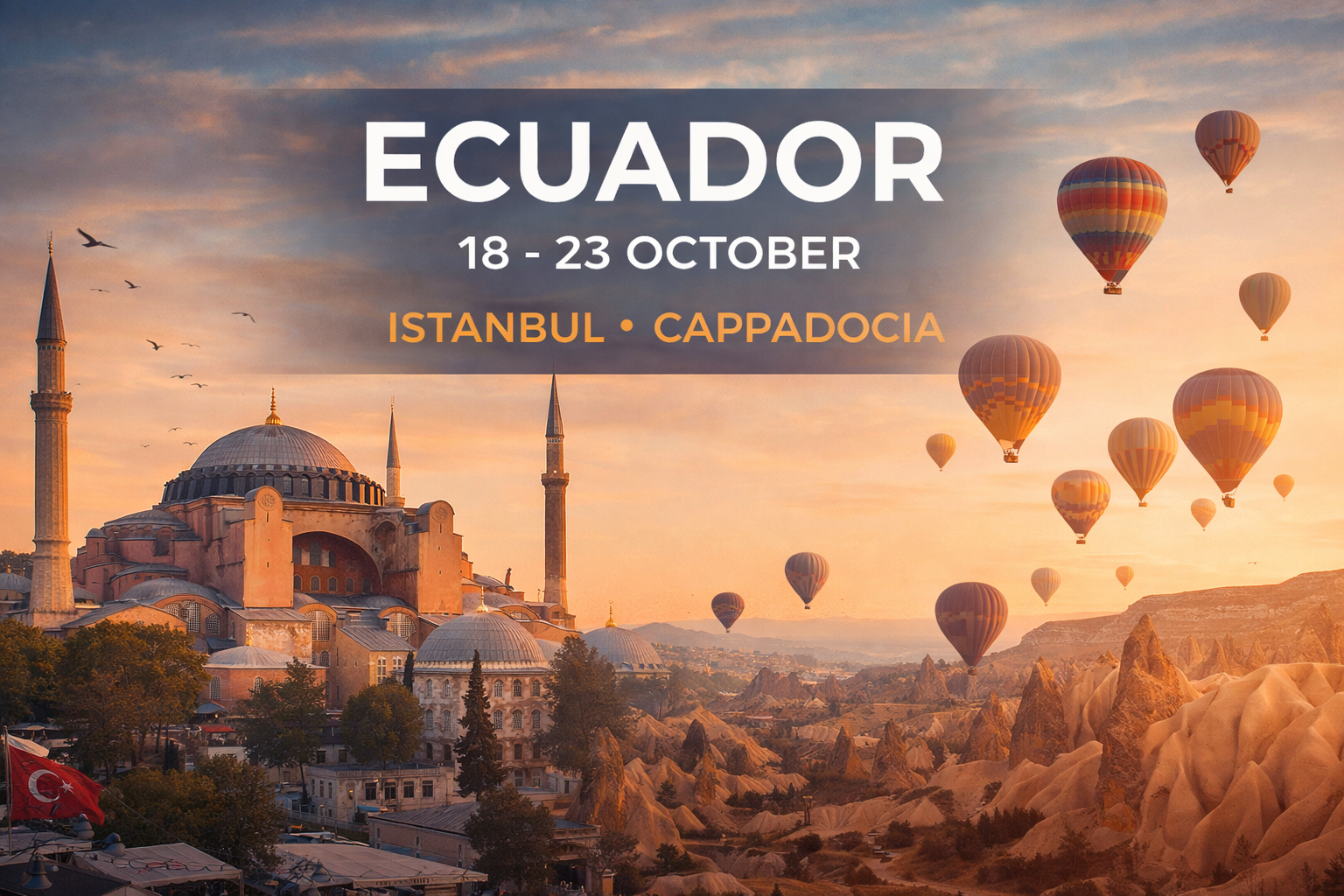 Travel ad: Ecuador tour, Istanbul & Cappadocia. Balloons over rock formations with the Hagia Sophia at sunset.