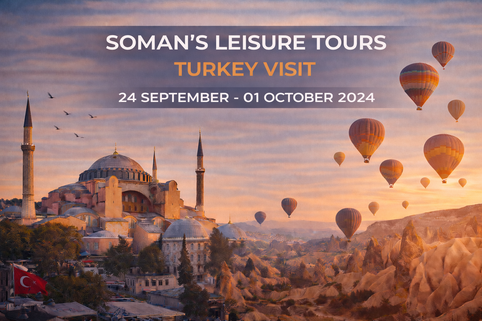 Turkey travel advertisement with hot air balloons over a landscape and a mosque. Dates: September 24 - October 1, 2024.