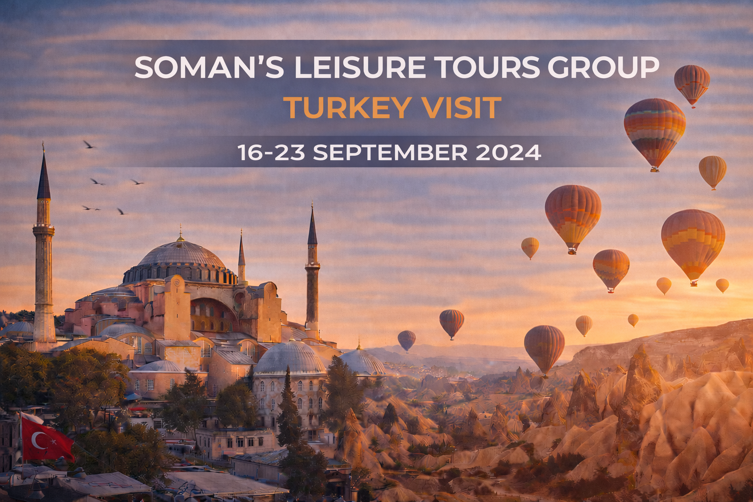 Hot air balloons over Turkey's landscape, featuring a mosque, for Soman's Leisure Tours Group's visit, September 16-23, 2024.