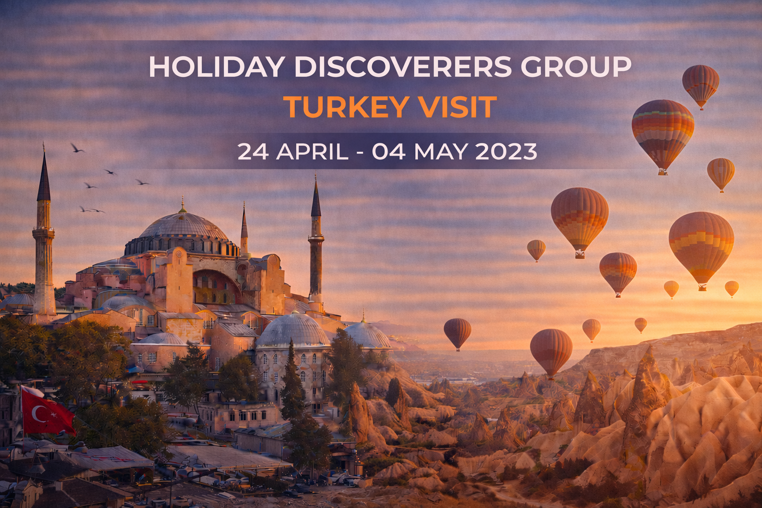 Turkey visit advertisement with hot air balloons over a cityscape at sunset.