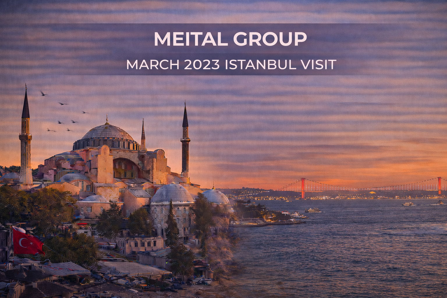 Hagia Sophia and Istanbul skyline at sunset, text: 