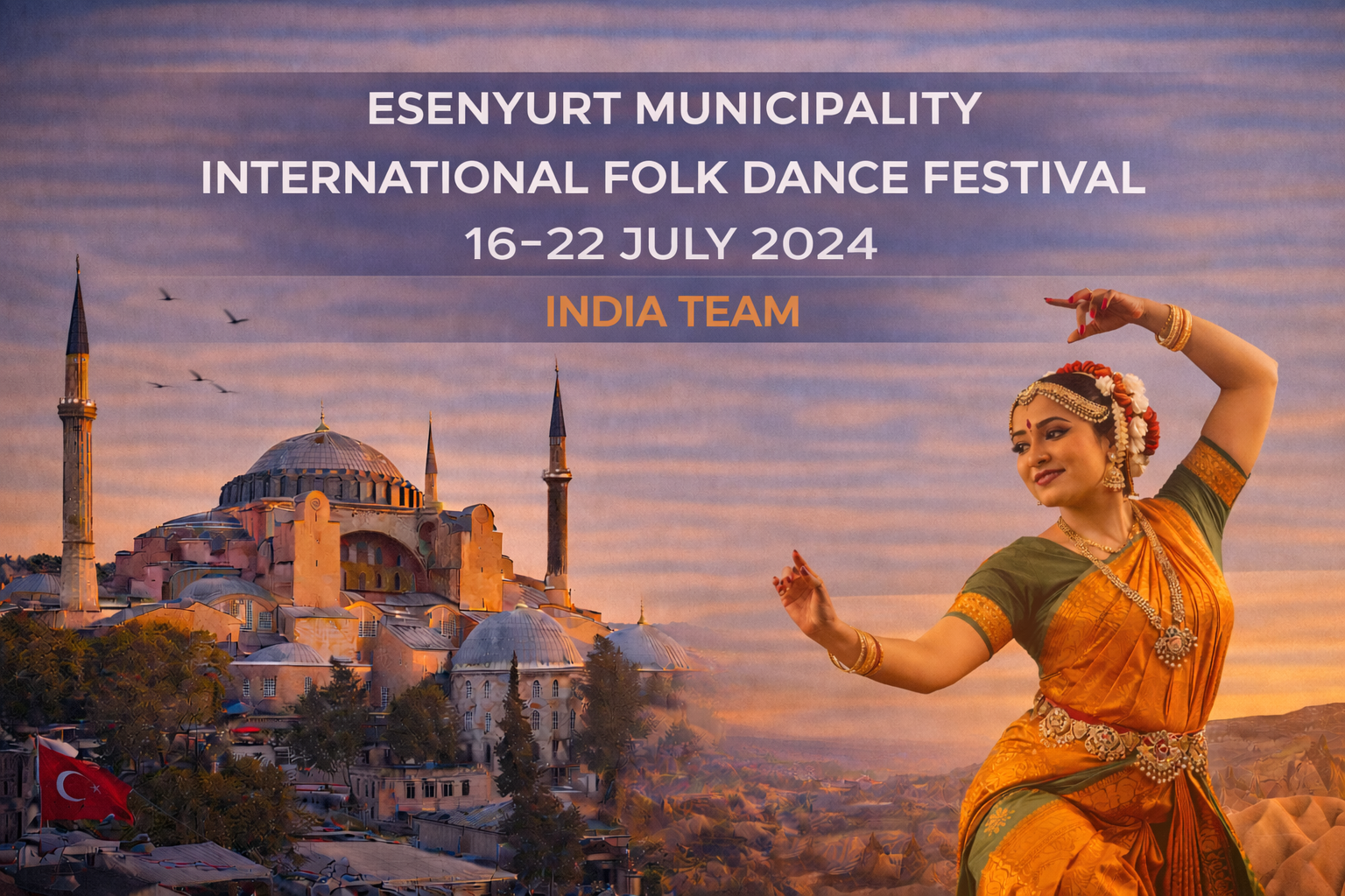 Esenyurt Municipality International Folk Dance Festival: Indian dancer in traditional garb, Istanbul skyline, July 16-22, 2024.