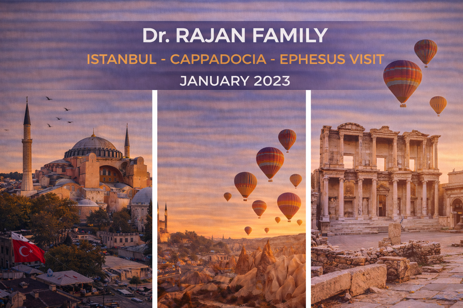Turkey travel collage: Istanbul mosque, Cappadocia balloons, Ephesus ruins; January 2023.
