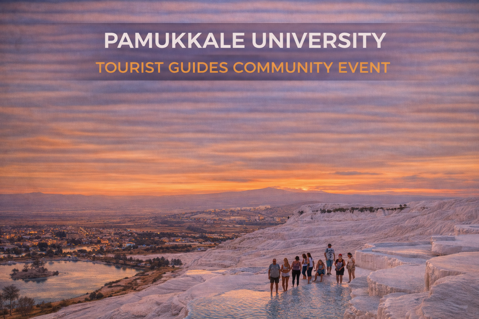 People overlooking the white terraces of Pamukkale, Turkey at sunset; event for tourist guides.