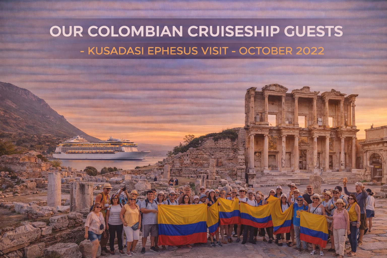 Colombian cruise ship guests in Ephesus, Turkey, holding a flag, October 2022. Ancient ruins, sunset, cruise ship in the background.
