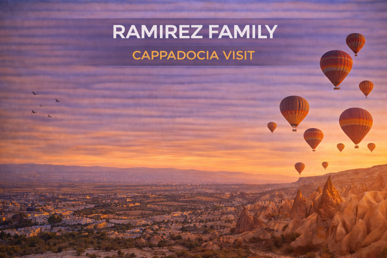 Hot air balloons over Cappadocia landscape at sunset; text: Ramirez Family Visit.