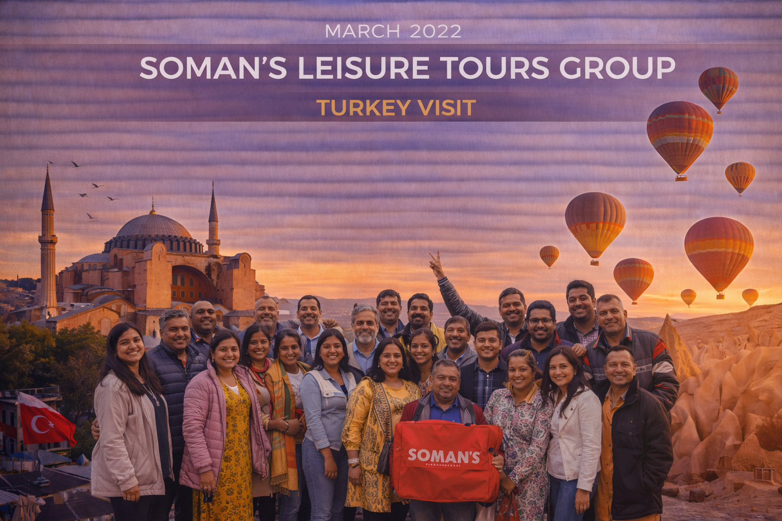 Group of people in Turkey, posing with hot air balloons and a mosque at sunset.