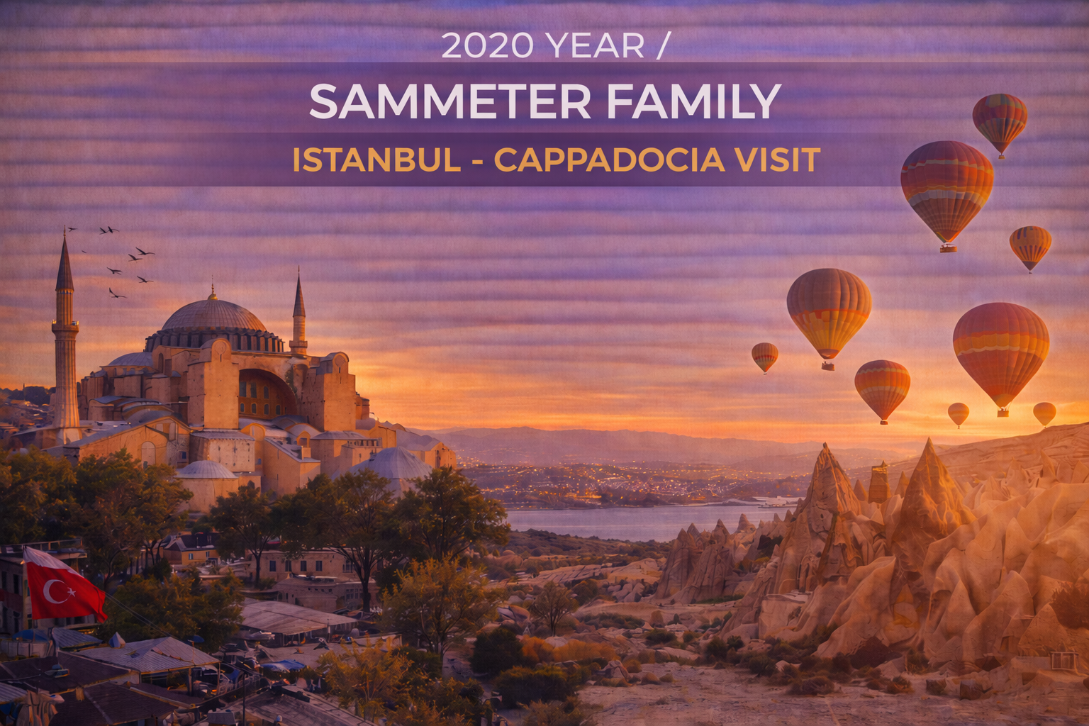 Istanbul and Cappadocia scenery with hot air balloons and the Hagia Sophia at sunset.