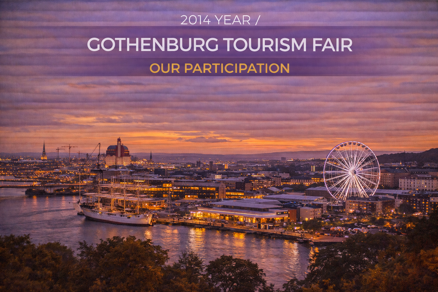 Göteborg city skyline at dusk with Ferris wheel, boats, and text: 