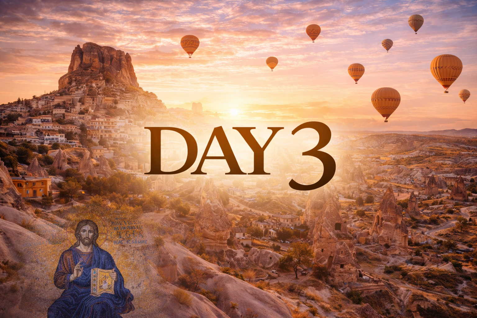 Sunrise over Cappadocia with hot air balloons, 