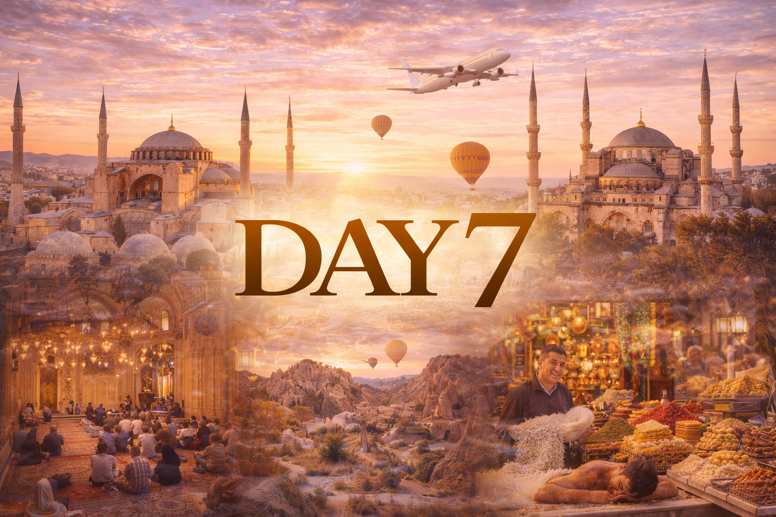 Day 7 travel advertisement featuring Istanbul landmarks, hot air balloons, and people.