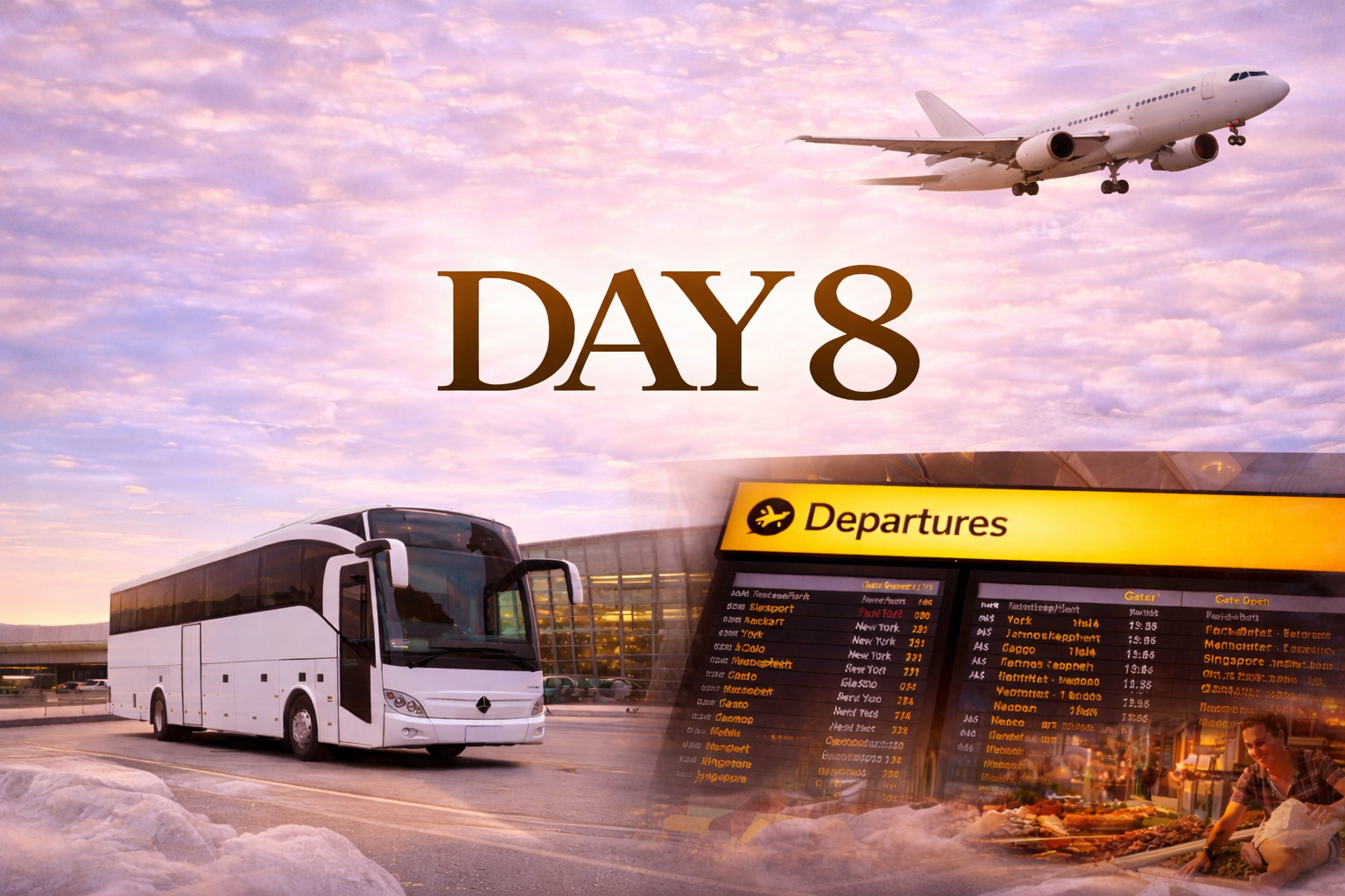 Day 8: Coach and plane in front of an airport with departure board, with a soft, sunset color scheme.