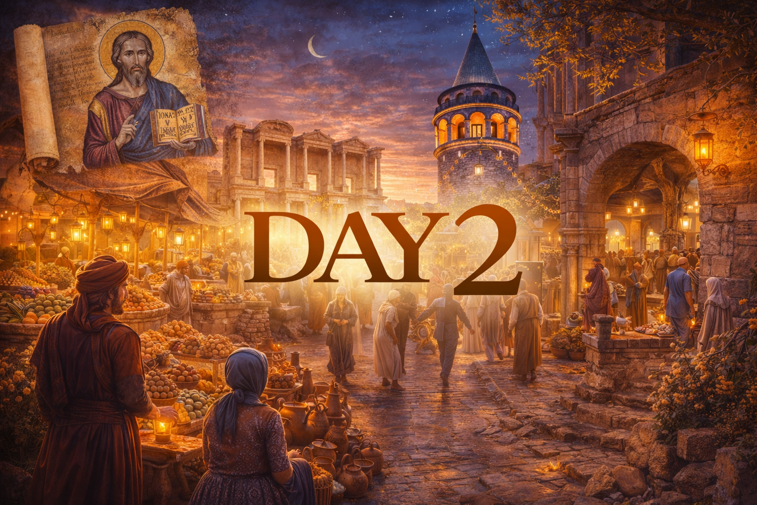 Crowded marketplace scene at night, 