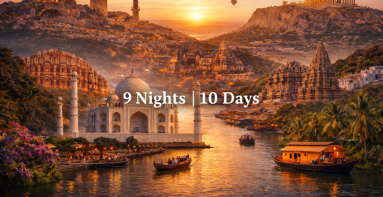 Taj Mahal at sunset, river, boats, lush cityscape,