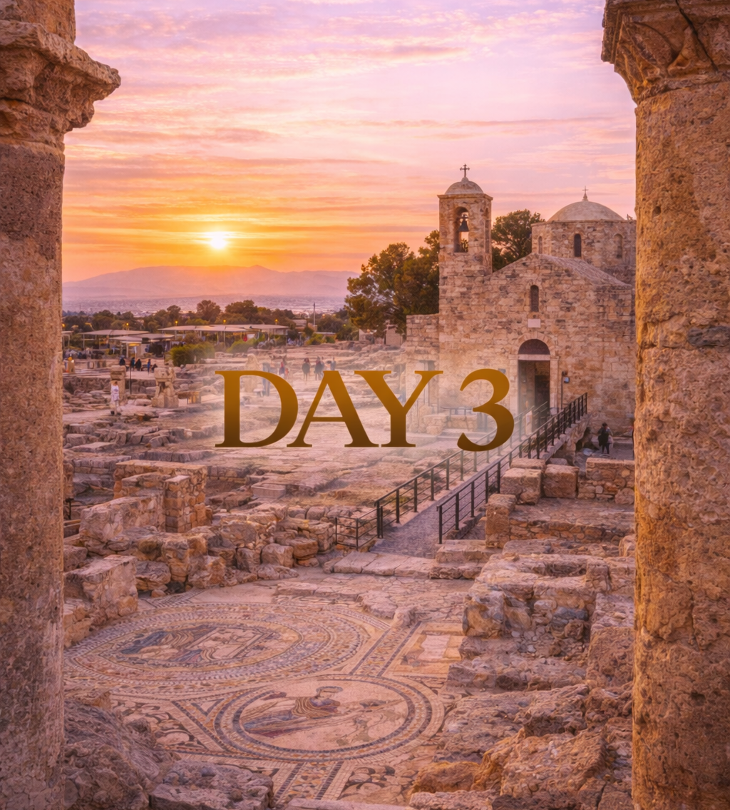 Ancient ruins with mosaic floor, stone structures, and sunset sky, text 