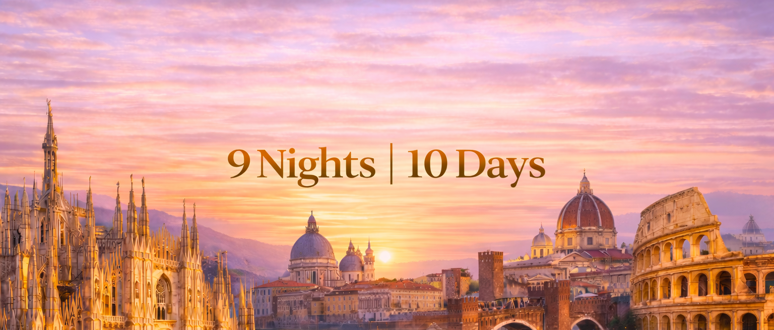 Italian cities at sunset, with text 