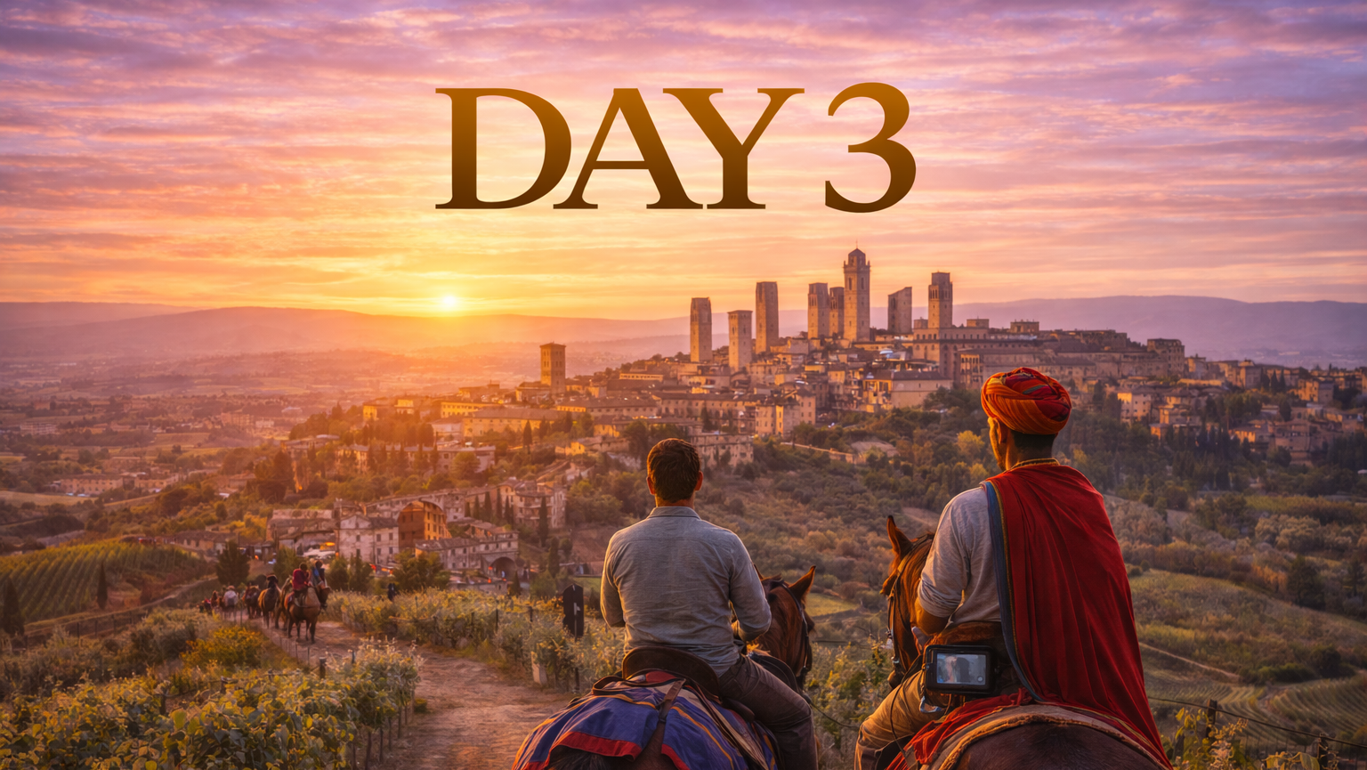 Two riders on horseback overlooking an Italian town at sunset; 