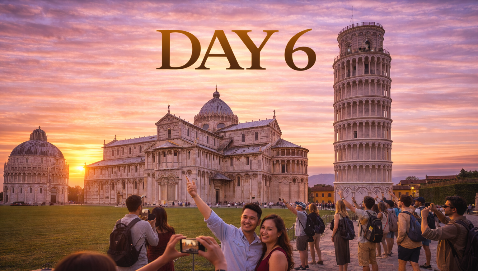 People taking photos near the Leaning Tower of Pisa and the cathedral at sunset.