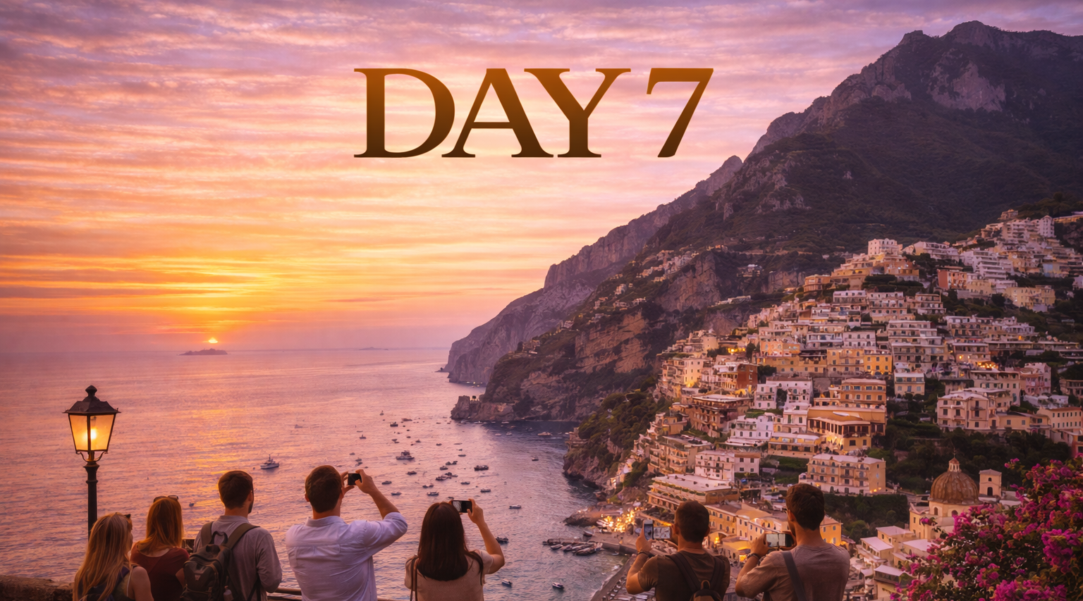 Sunset over coastal town. Group of people taking photos. 