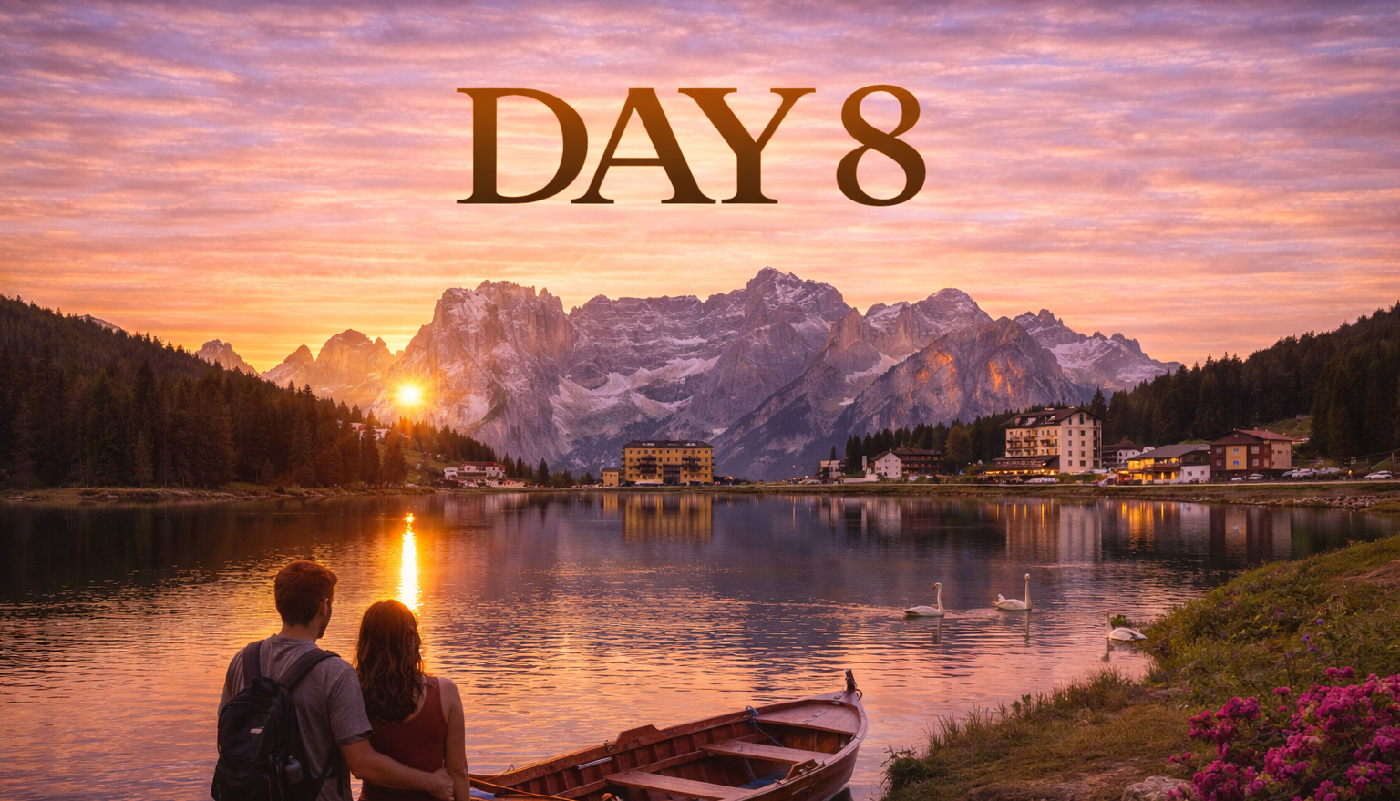 Couple overlooking a lake at sunset with mountains in the background. 