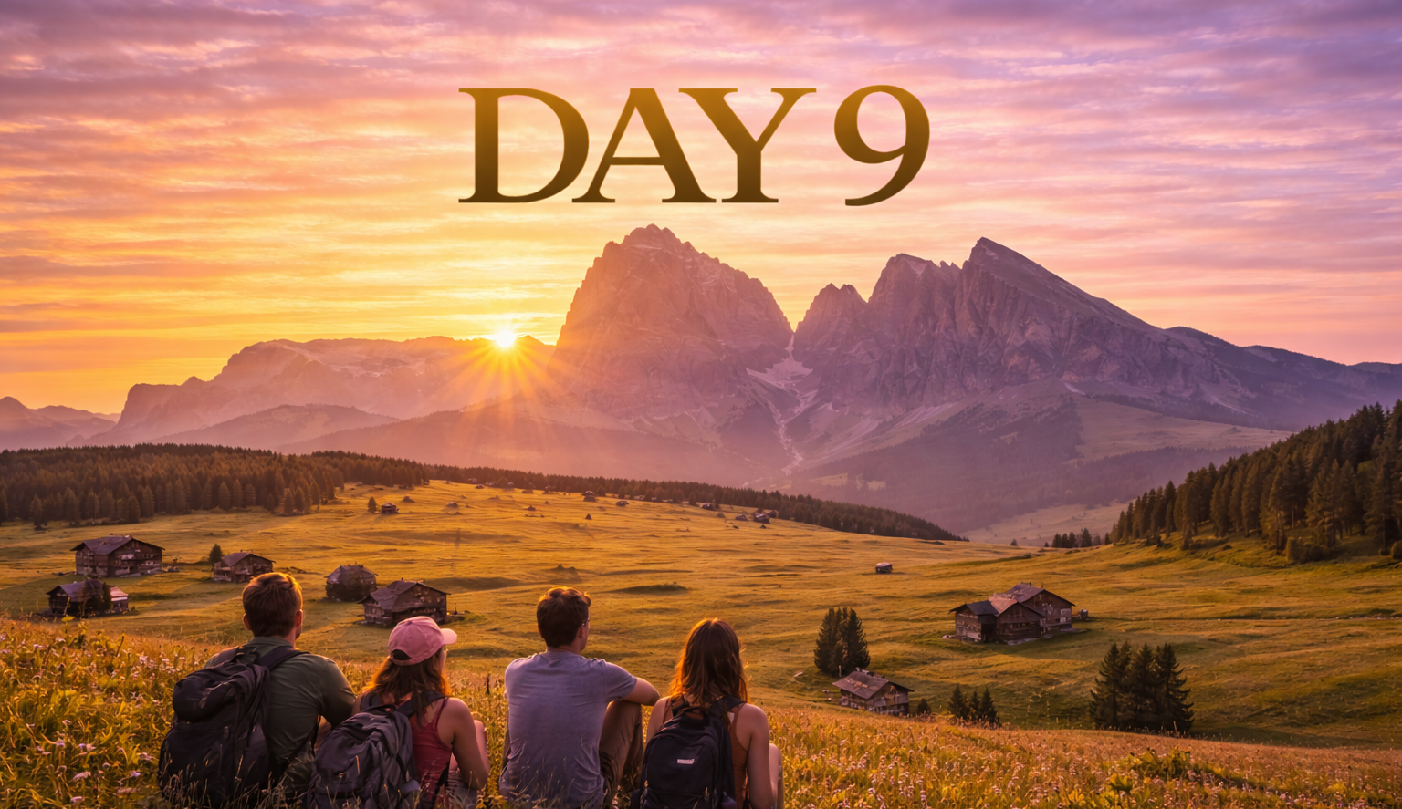 Day 9: Four people overlooking a mountain landscape at sunset.
