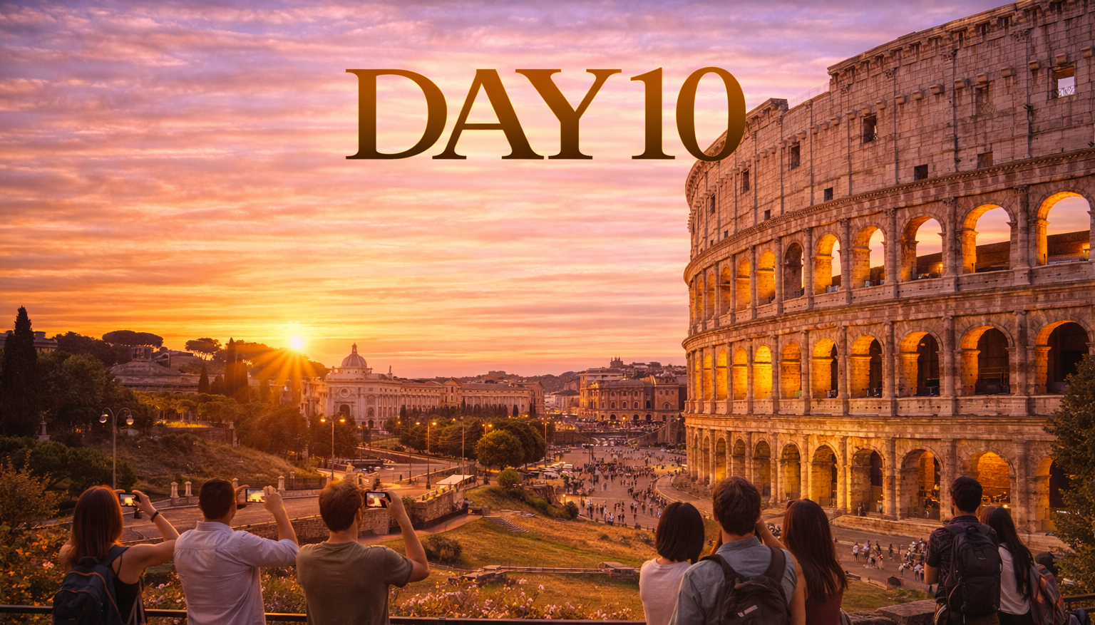Colosseum at sunset, tourists take photos, day 10 of a trip.