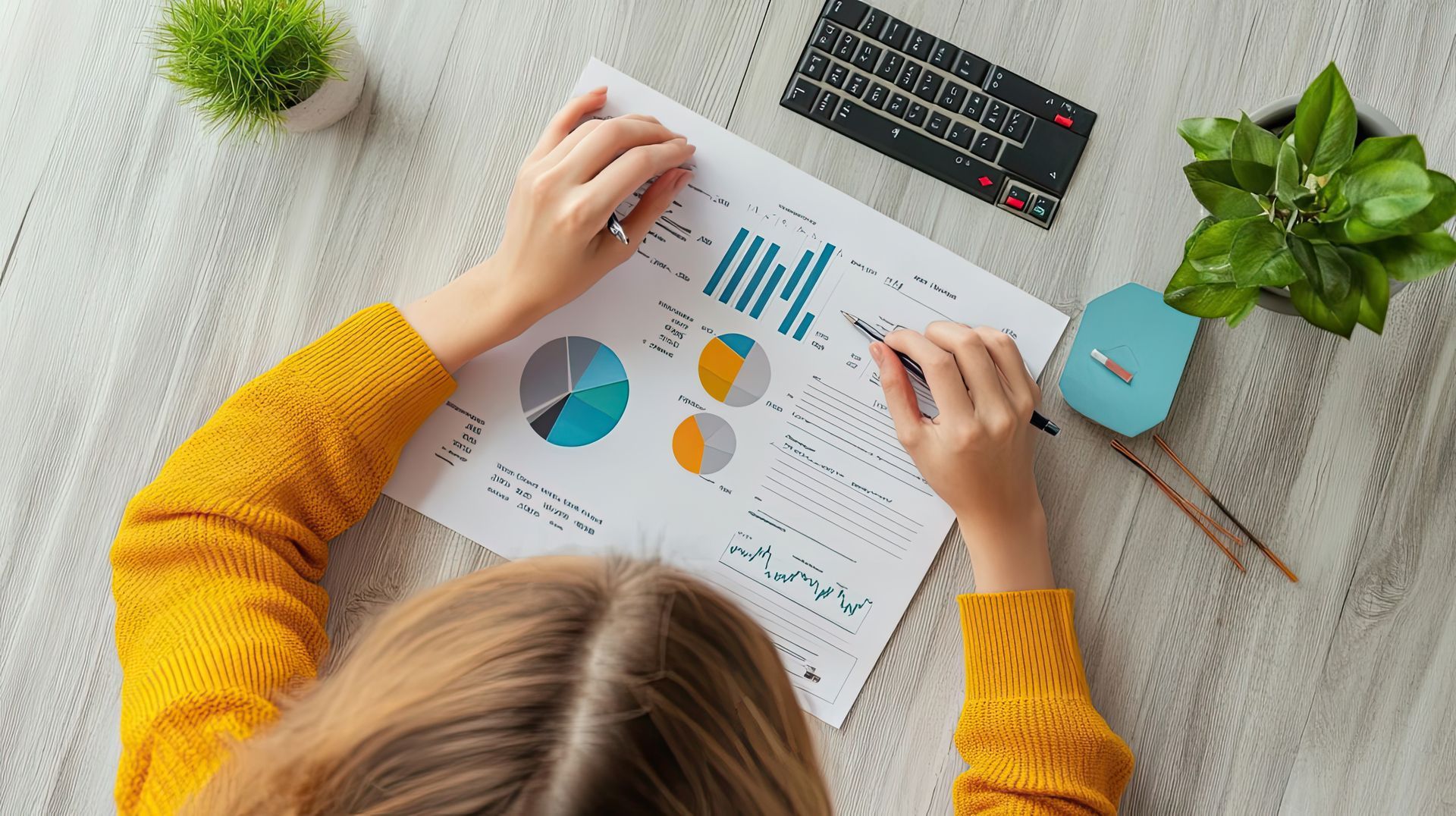 A woman is sitting at a table writing on a piece of paper.