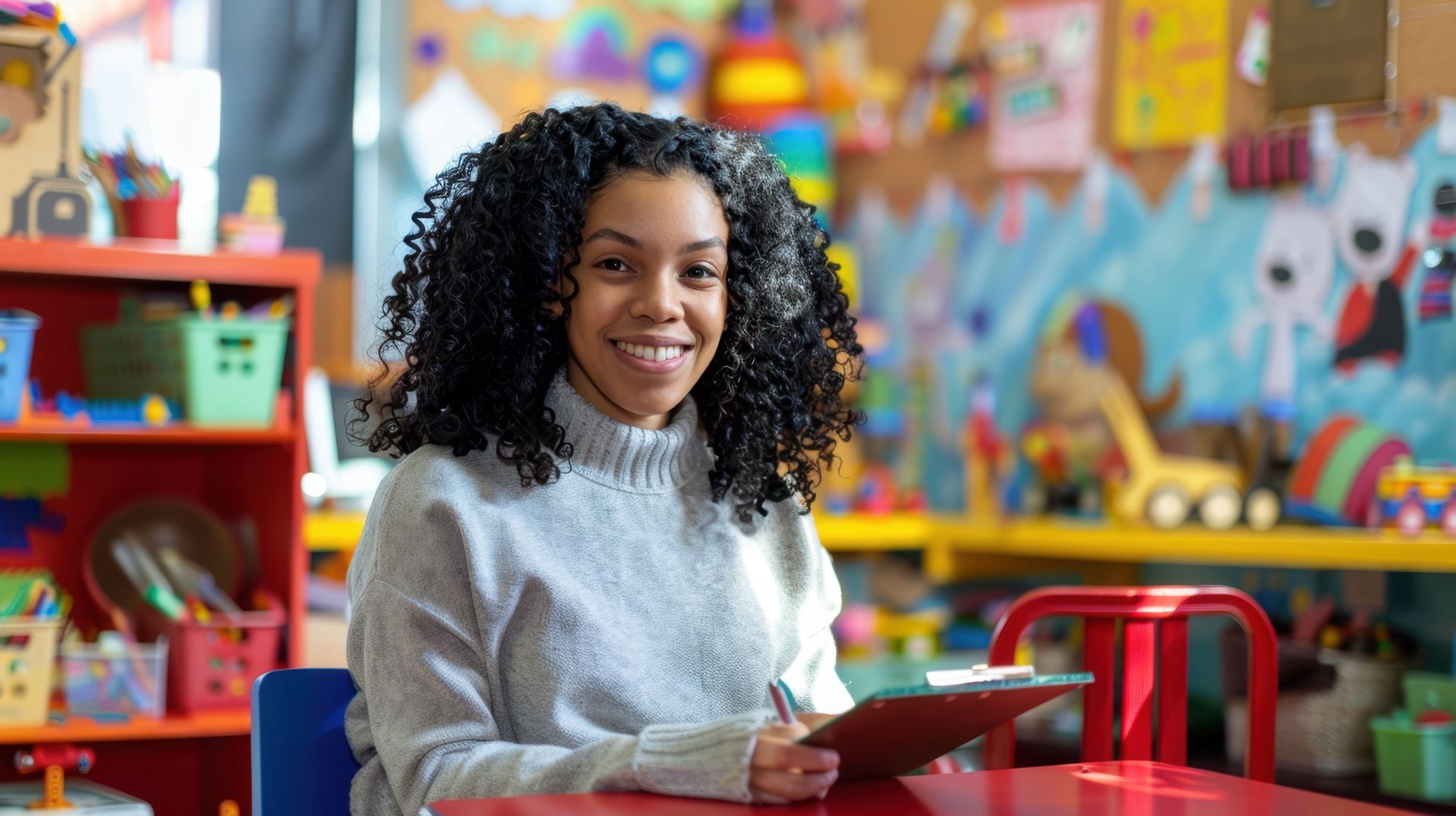 Woman with curly hair smiling, holding a clipboard, sitting at a red table in a colorful classroom.