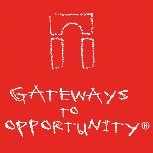 White “Gateways to Opportunity” logo on a red background with a stylized arch icon