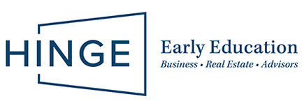 Logo for Hinge Early Education: Text and geometric shape in shades of blue. 