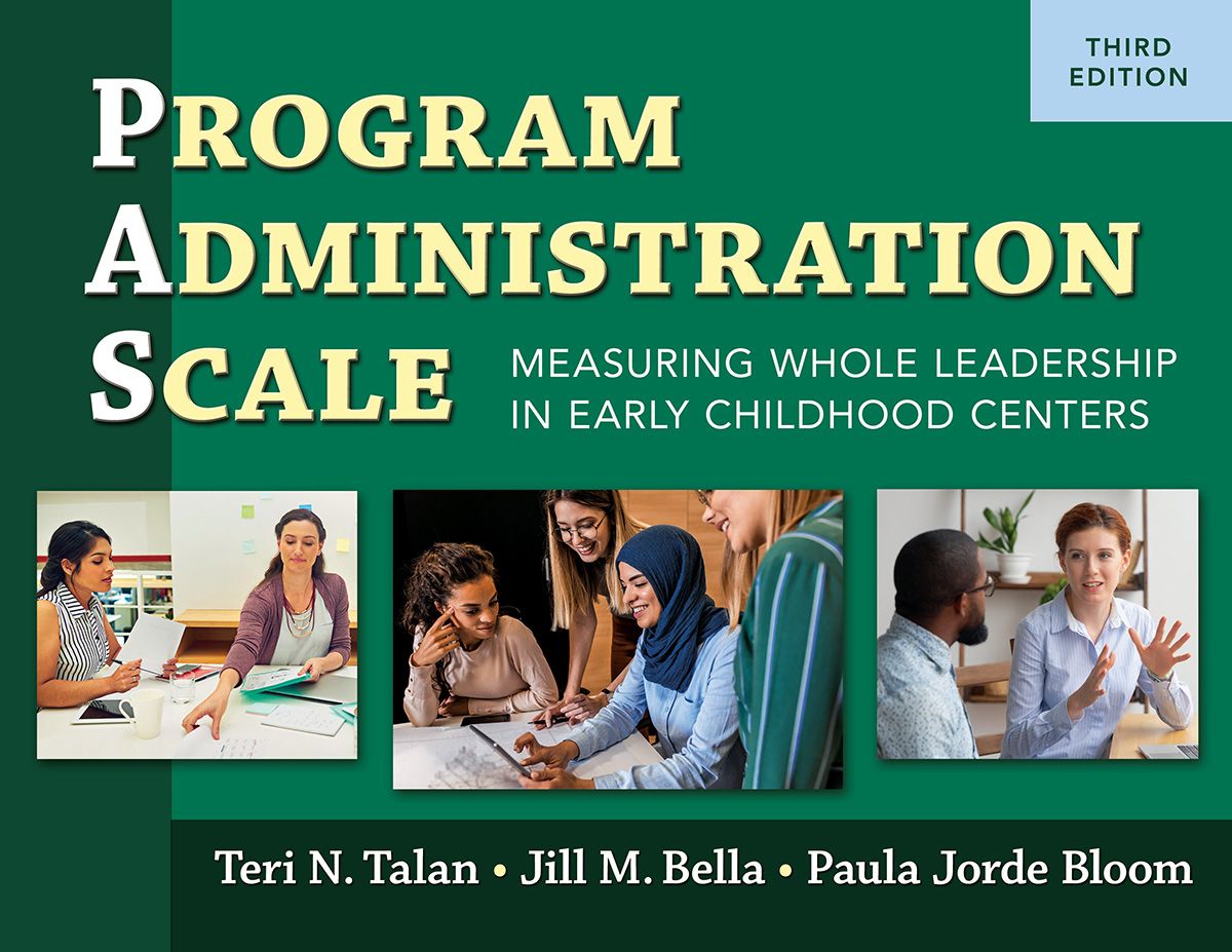 A woman is giving a presentation to a group of people The cover of a book titled program administration scale measuring whole leadership in early childhood centers