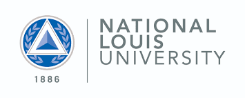 The national louis university logo is a blue triangle in a circle with laurel wreaths.