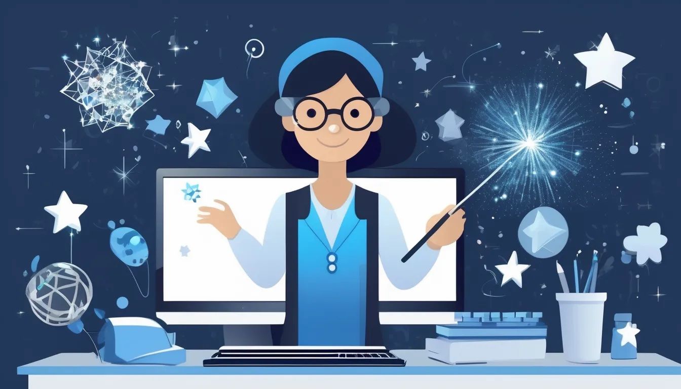 A woman is sitting at a desk in front of a computer holding a wand.