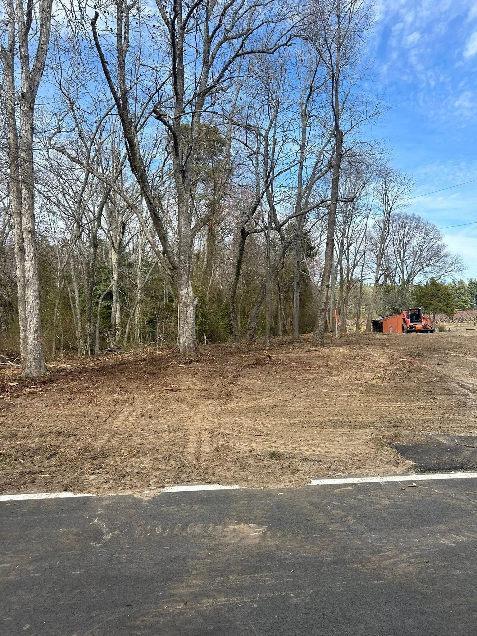 Bare earth with scattered trees and an asphalt road. A construction vehicle is in the background under a blue sky.
