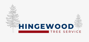Logo for Hingewood Tree Service, navy text with a red bar, and sketches of trees.