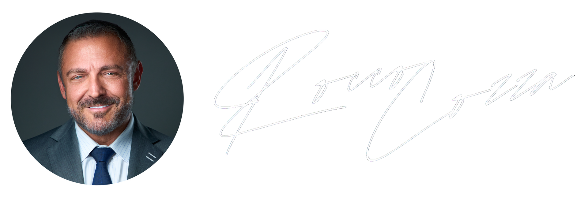 Headshot of a man in a suit with a signature to the right.