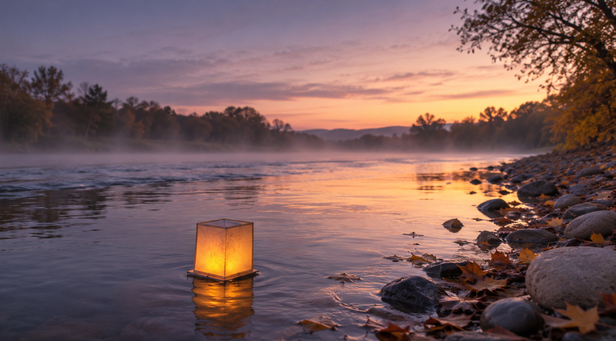 Glowing lantern floating on calm river at sunset with peaceful autumn landscape, cremation services 