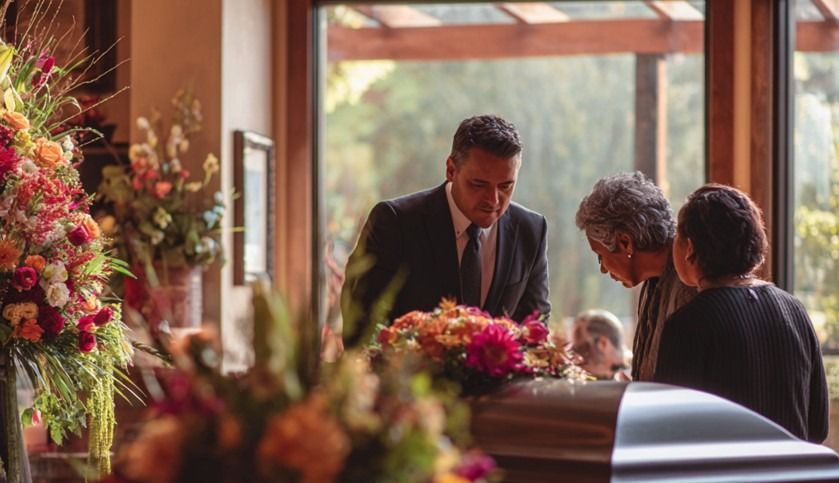 Director and family pay respects beside a flower-adorned casket at Santa Rosa, CA funeral home and cremations service.