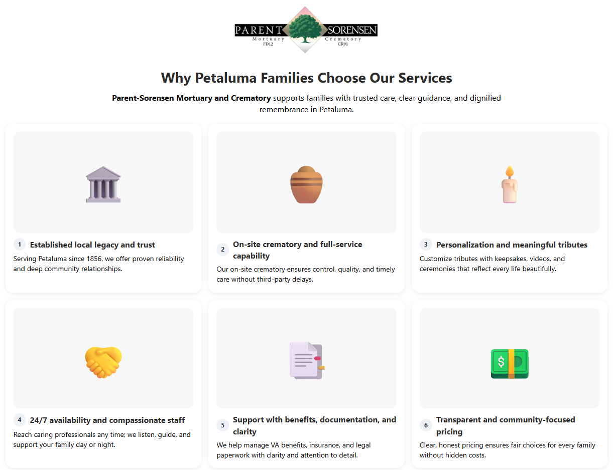infographic showing why families in Petaluma choose Parent-Sorensen Mortuary and Crematory